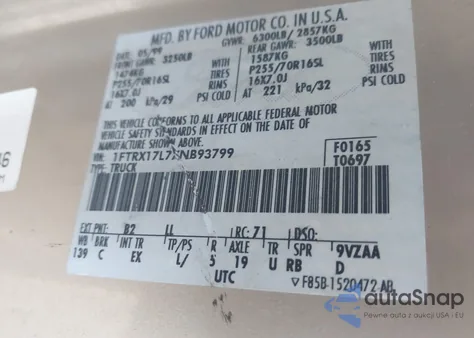 1999 Ford F-150 Lariat/Xl/Xlt из США, поврежденный, VIN 1FTRX17L7XNB93799